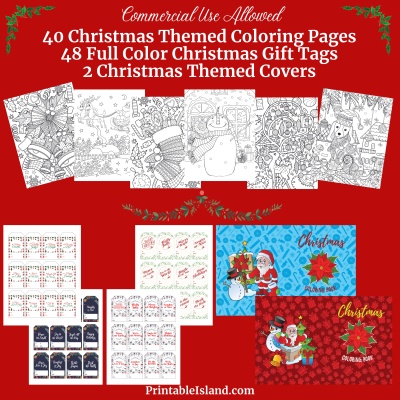 Christmas Themed Coloring Pages with Gift Tags and Covers